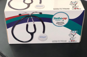 A box of Stethocaps disposable stethoscope covers A box of Stethocaps disposable stethoscope covers