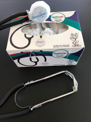 Picture of retail box of disposable stethocaps with stethoscope