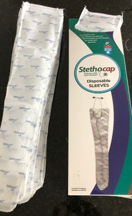 Stethocap Sleeve box with sleeves both inside and outside the box with an opening at the top of the box with a sleeve hanging out of it.